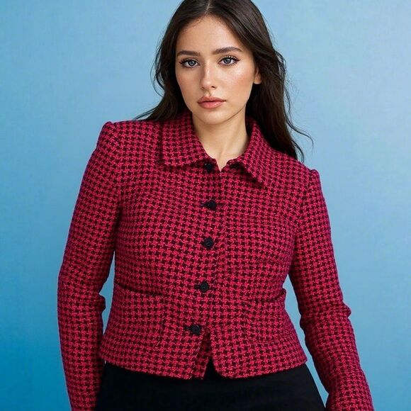 90s Vintage Tweed Jacket Wool Plaid Houndstooth Red 16P Clueless Preppy Academia - Picture 3 of 11